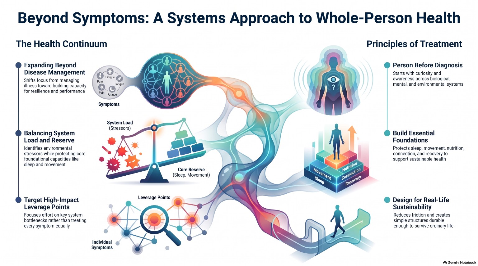 Beyond Symptoms: a systems approach to whole-person health, illustrating the health continuum, system load and reserve, leverage points, person-before-diagnosis care, foundational health behaviors, and sustainable real-life design.